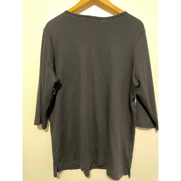 Quacker Factory black 3/4 sleeve sequin top knit solid cotton Size 1X - Picture 2 of 5
